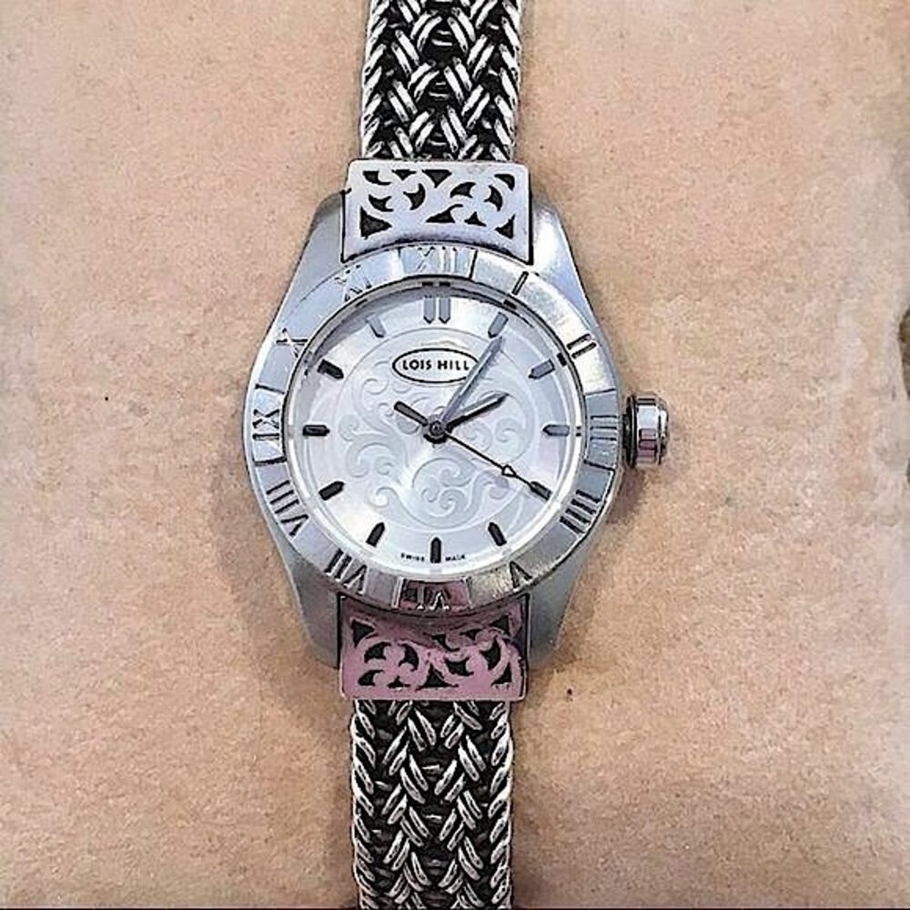 LOIS HILL White Round Face Watch Sterling Silver Bracelet & Roman Numeral Bezel